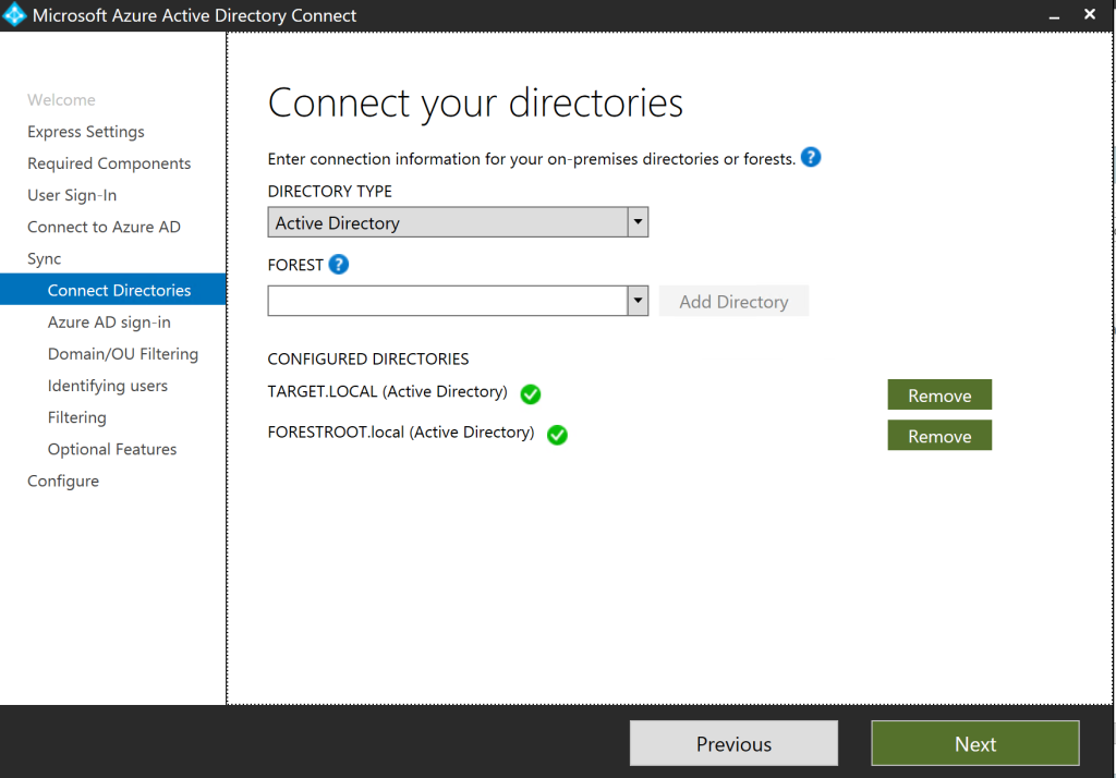 Figure 1: AAD Connect Installation - two forests