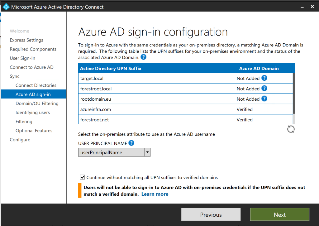 Figure 2: AAD Connect - UPN Configuration